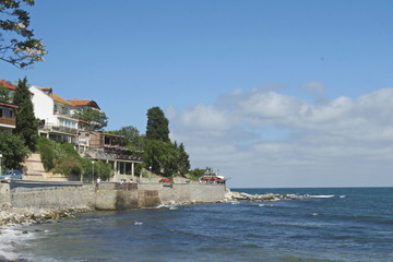 Naklejka premium Panorama Seaview on little houses village in ocean beach