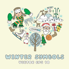 Vector stylized heart with cartoon winter symbols