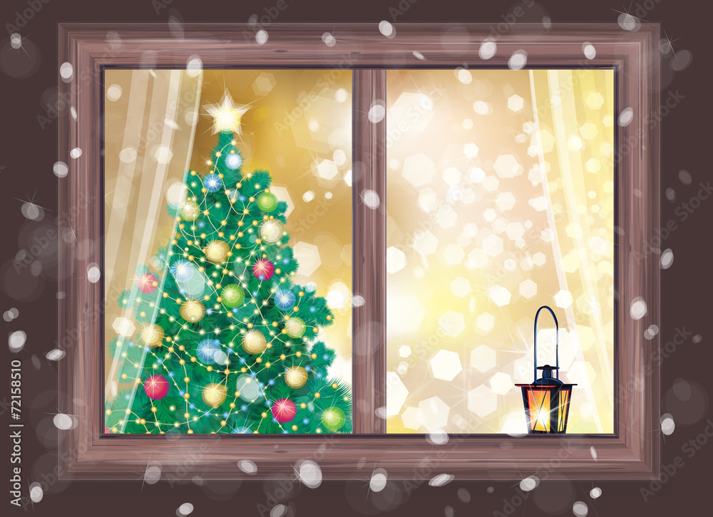 Canvas Prints vector winter night scene of window with christmas tree and lant