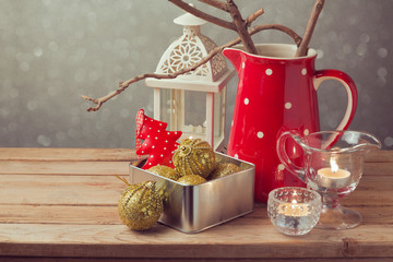 Christmas holiday vintage decorations on wooden table