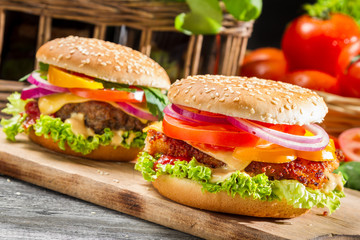 Closeup of two homemade burgers made from fresh vegetables