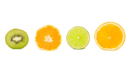 Fototapeta na wymiar Kiwi, tangerine, lime and orange. Isolated on white.