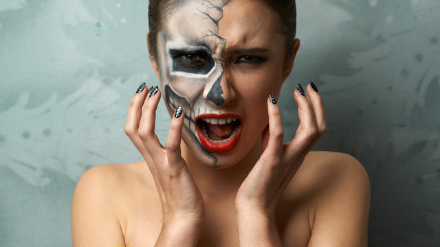 beautiful woman with makeup skeleton evil