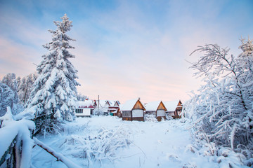 beautiful wooden house in a winter sunny day