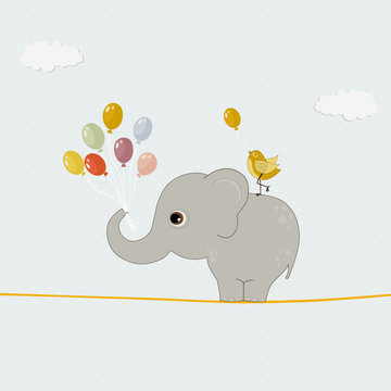 Cute elephant with colorful balloons and bird