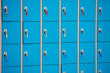 Fototapeta premium closeup blue deposite boxes with keys. left luggage