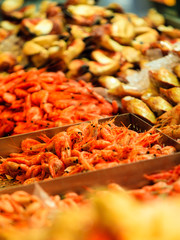 Shrimps fish market (Fisketorget) in Bergen, Norway