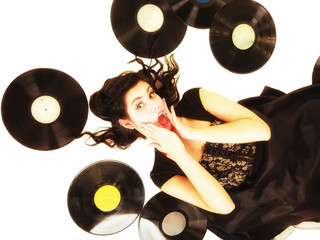 Girl with phonography analogue records music lover
