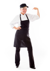 model isolated on plain background pointing to herself