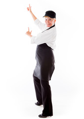 model isolated on plain background looking at camera pointing