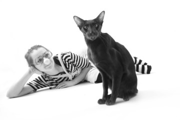 Fototapeta na wymiar Funny hostess and her cat, monochrome