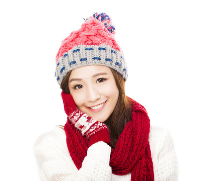happy young woman in winter clothes. happiness concept.  isolate