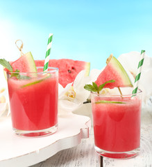 Watermelon cocktails on table, close-up