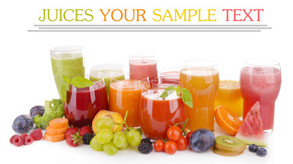 Glasses of tasty fresh juice, isolated on white