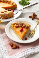 Homemade pumpkin pie on table