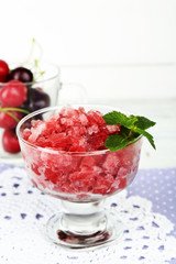Closeup of cherry granita in glass bowl,
