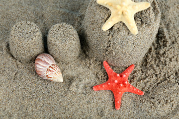 Fototapeta na wymiar Sandcastle with starfish on sandy beach background