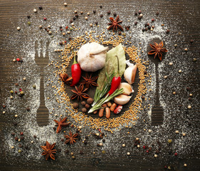 Spices on table with cutlery silhouette, close-up