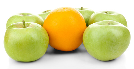 Juicy apples and orange, isolated on white