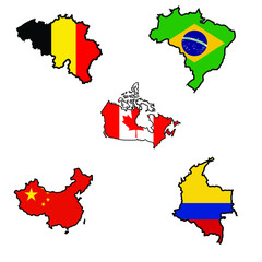 Map in colors of Belgium,Brazil,Canada,China,Colombia