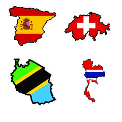 Map in colors of Spain,Switzerland,Tanzania,Thailand