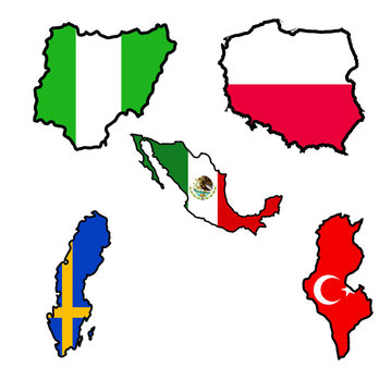 Map in colors of Nigeria,Poland,Mexico,Sweden,Tunisia