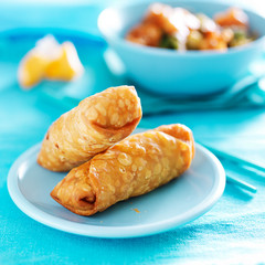 chinese egg rolls on vibrant blue table setting