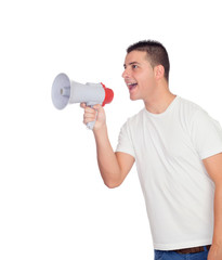 Casual men with a megaphone shouting