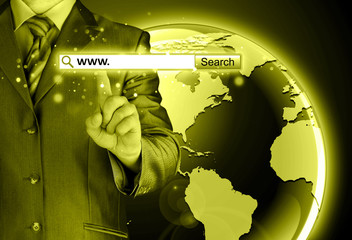 Businessman pushing virtual search bar