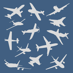 Big collection of different airplane silhouettes. vector
