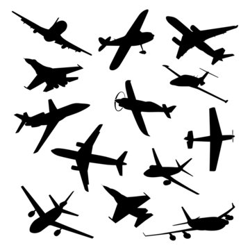 Big collection of different airplane silhouettes. vector