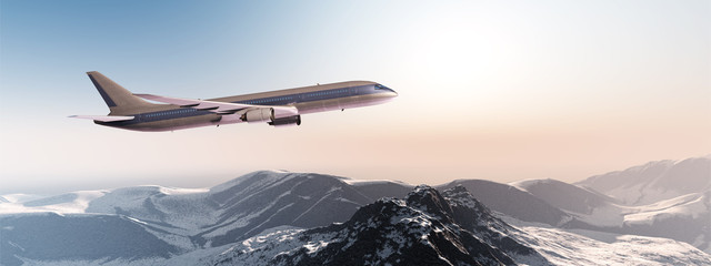 Verkehrsflugzeug über einem Gebirge in der Morgensonne