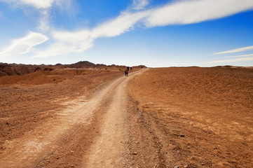 Fototapeta na wymiar Road through the desert to Charyn canyon