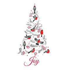 Fototapeta na wymiar Retro Christmas Card - Birds on Christmas Tree