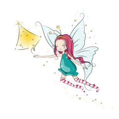 Cute Christmas fairy fly and her hand magic Christmas tree