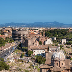 Naklejka premium Ariel view of Rome: including the Colosseum and Roman Forum..