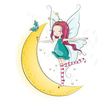Cute Christmas fairy  dancing on the moon.