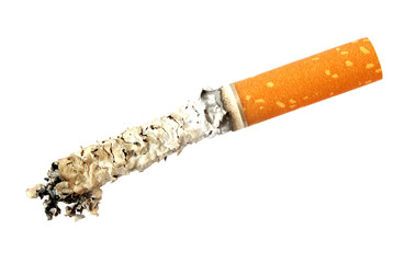 Cigarette butt with ash, isolated on white background