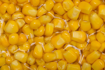 Closeup of tinned whole kernel corn in water