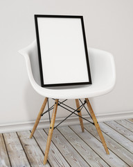 blank poster frame on the armchair, background