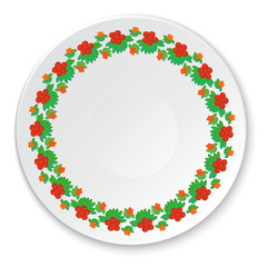 Round ceramic plate with traditional Ukrainian motif. Design ele