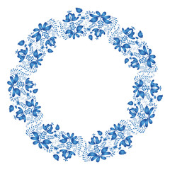 National Russian painting. Gzhel style. Round floral design elem