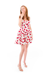 model isolated on plain background tired bored yawning