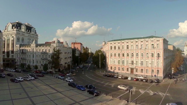 Statue of general on horse, city panorama view from above
