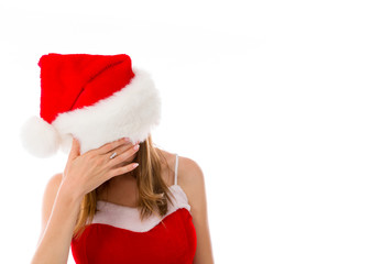 model isolated on plain background ashamed hiding face in hand