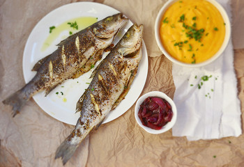 seabass a grill with vegetable puree