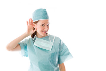 model isolated on plain background listening paying attention