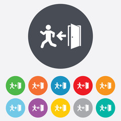 Fototapeta premium Emergency exit sign icon. Door with left arrow.