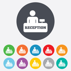 Reception sign icon. Hotel registration table.