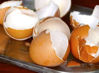 The close view of cracked brown eggshell